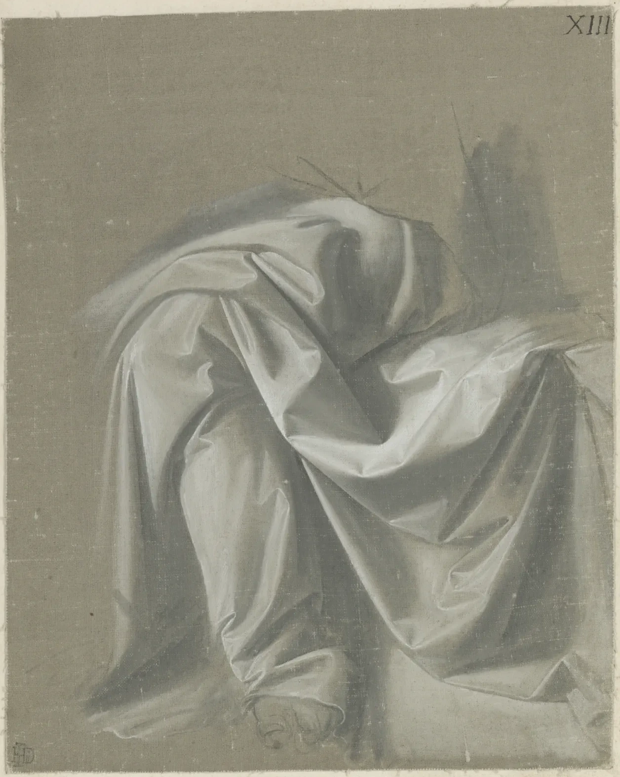Étude de draperies retombant sur la jambe gauche d'une figure assise, Léonard de Vinci