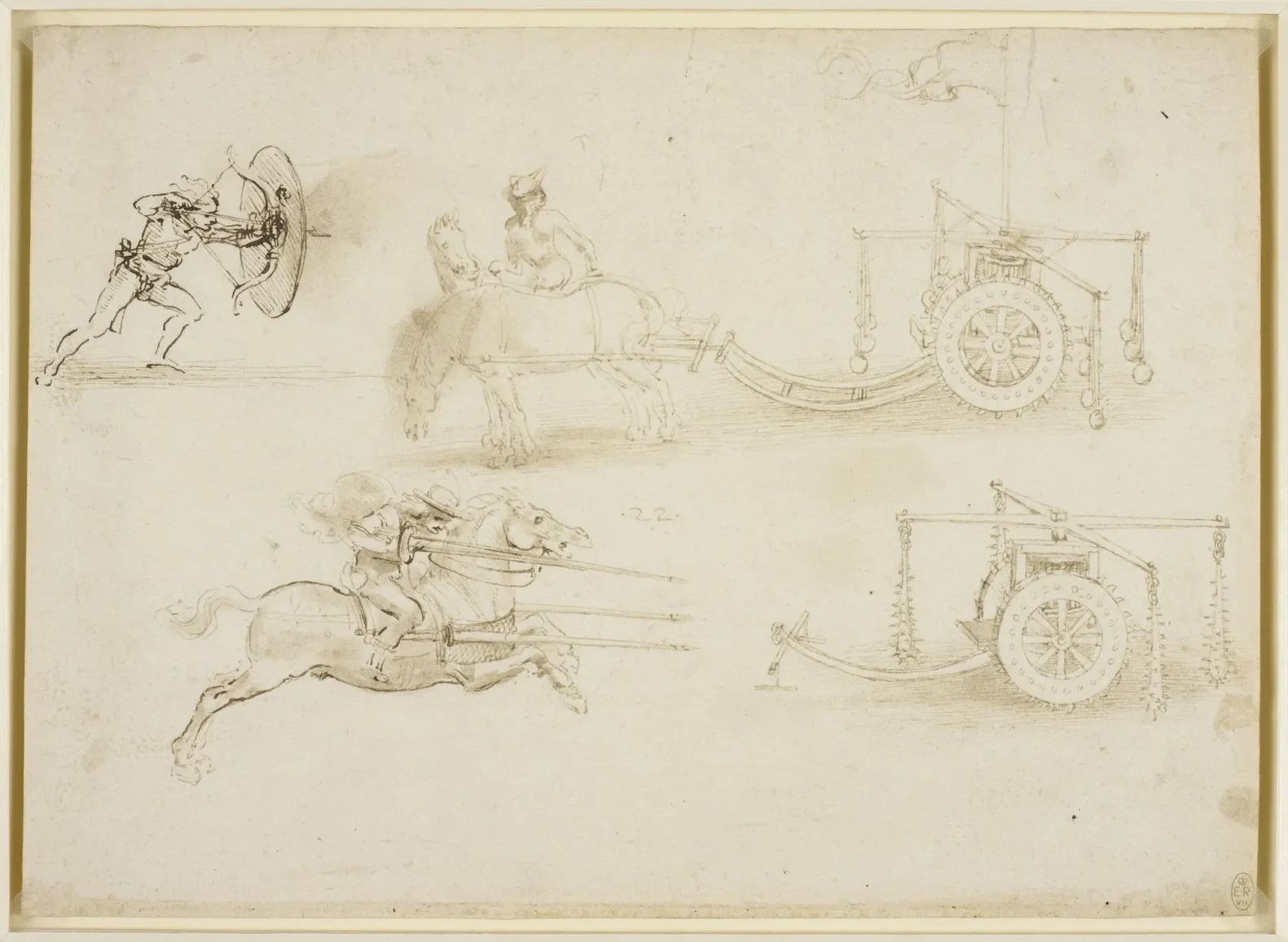 Study with Battle Chariot, a Soldier with Shield and a Horseman with Three Lances, Leonardo da Vinci