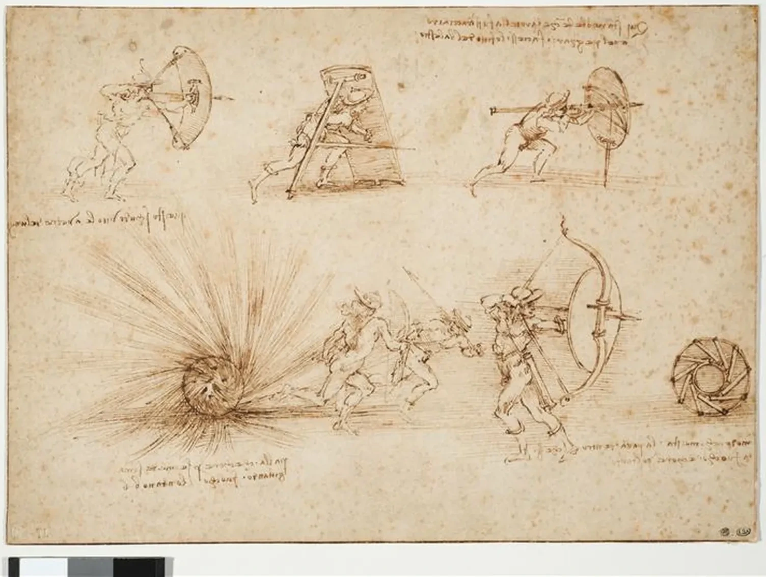 Study with Shields for Foot Soldiers and an Exploding Bomb, Leonardo da Vinci