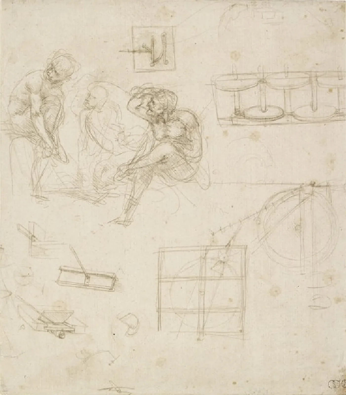 Three Seated Figures and Studies of Machines, Leonardo da Vinci