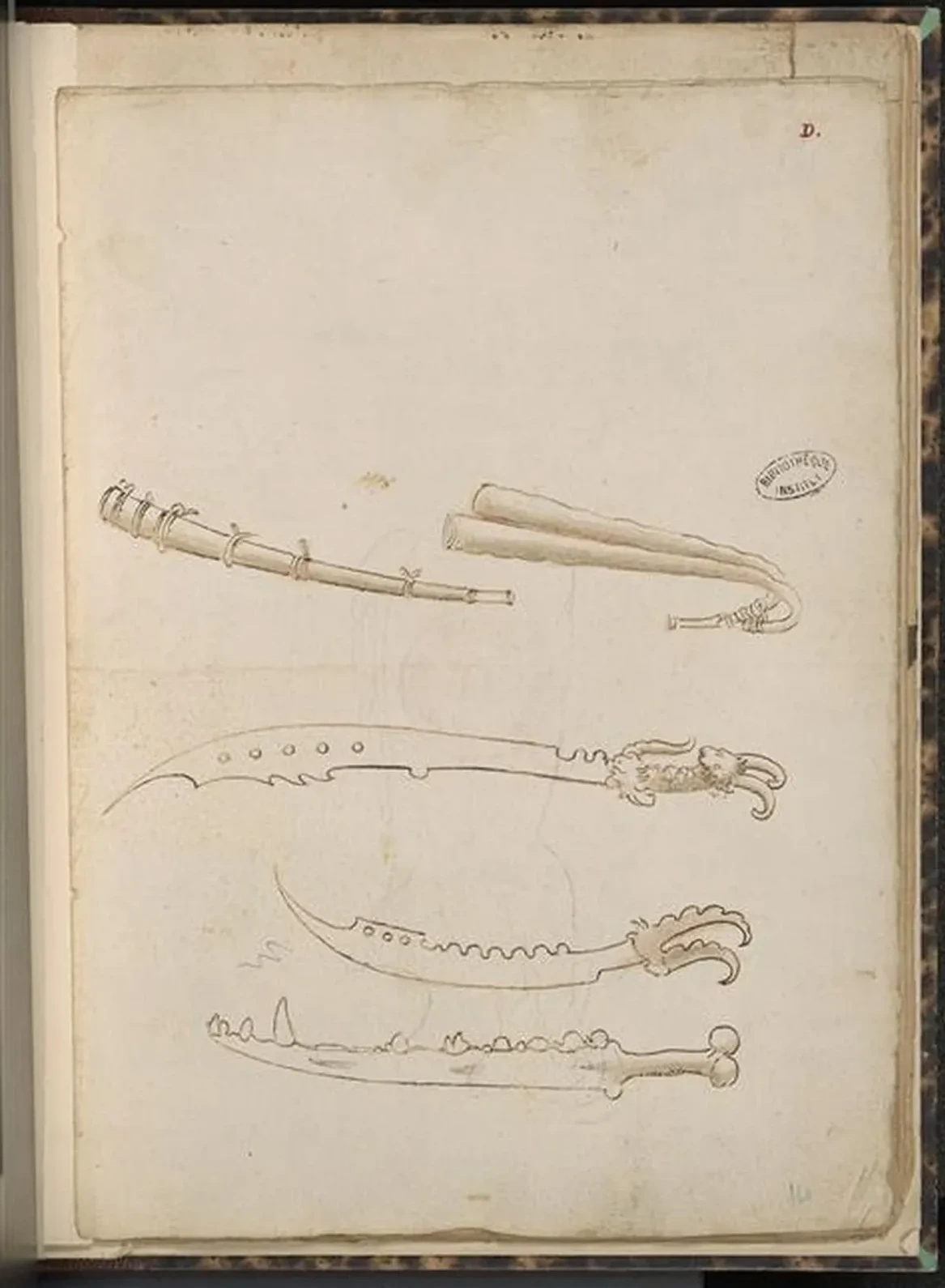 Deux instruments à vent et armes fantastiques, Léonard de Vinci