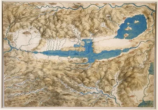 Vue à vol d'oiseau du paysage montrant les villes toscanes d'Arezzo, Pérouse, Chiusi et Sienne