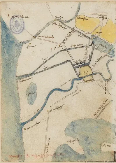 Étude cartographique du réseau de canaux partant de l'Arno, autour de Pise