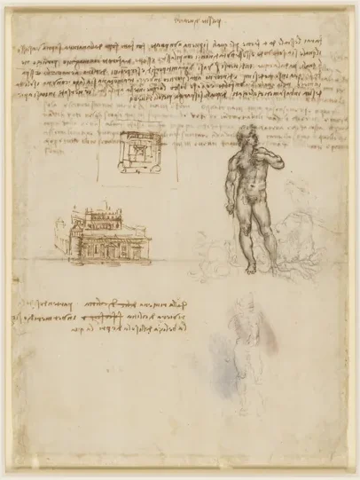 Dessin d'après le David de Michel-Ange et croquis d'architecture