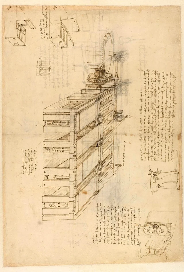 Desenho de uma máquina de cortar tecido, Leonardo da Vinci