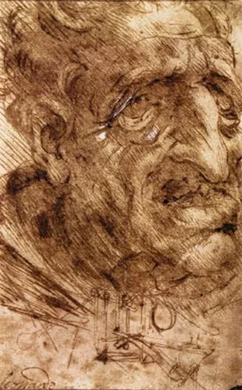 Drawing of a Grotesque Male Head and Sketch of a Flying Machine