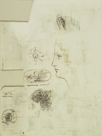 Dessins de divers emblèmes (lanterne, charrue et compas) et étude de profil d'un jeune homme