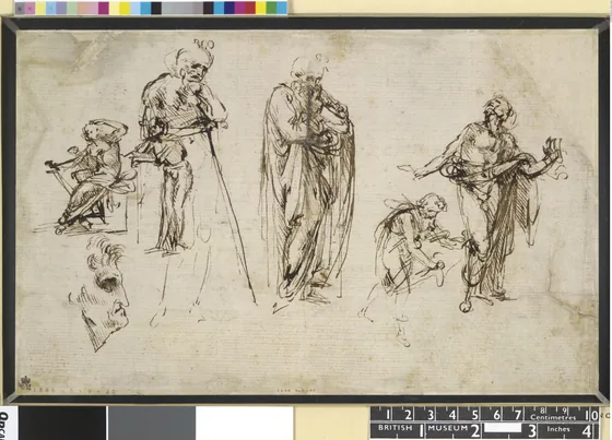 Études de figures pour l'Adoration des mages et tête de profil