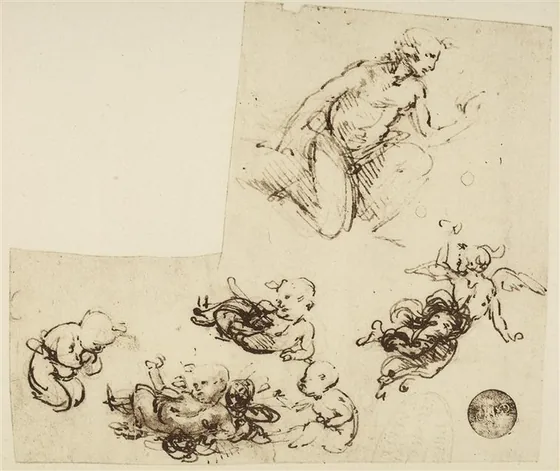 Études de figures pour l'Adoration des mages (croquis pour l'Enfant Jésus et études d'un ange agenouillé et d'un ange en vol)