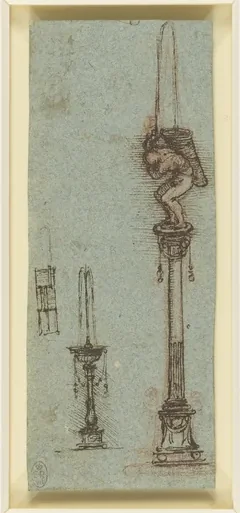 Fontaine composée d'une colonne couronnée d'une figure masculine nue