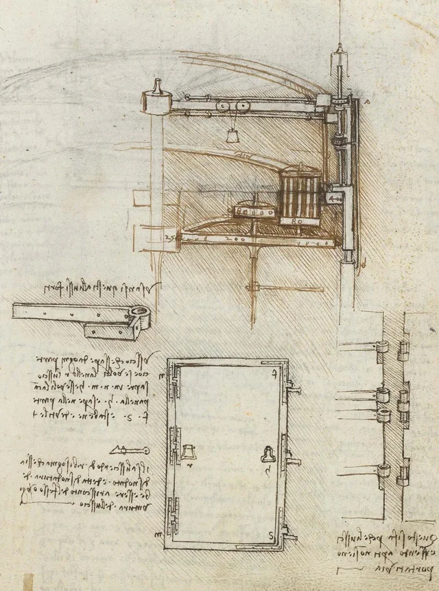 Manillas y goznes de una puerta que se abre en los dos sentidos, Leonardo da Vinci