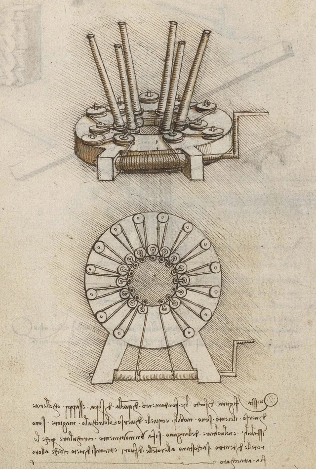 Polipasto con poleas móviles y torno de cuerda, Leonardo da Vinci