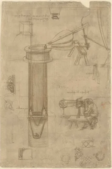 Dispositifs hydrauliques et étude d'un personnage devant un « perspectographe »