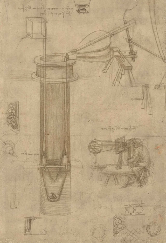 Dispositivos hidráulicos y estudio de una figura ante un «perspectógrafo», Leonardo da Vinci