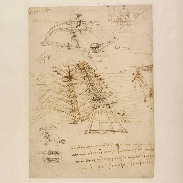 Études militaires et architecturales et croquis d'une église (la cathédrale de Florence ?), Léonard de Vinci