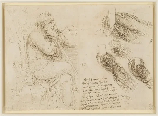 Old Man Seated on a Rocky Outcrop, Seen in Profile to the Right, with Water Studies