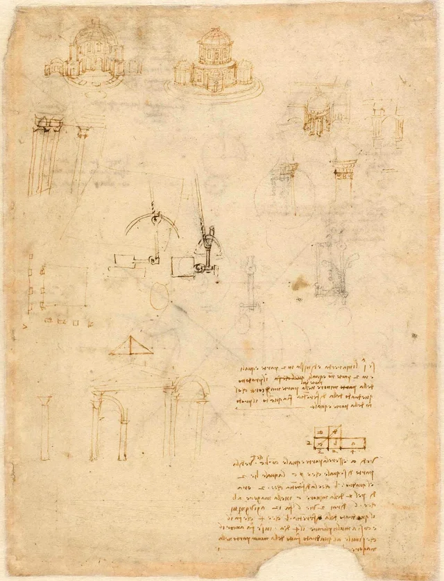 Coupe en perspective d'un édifice à plan centré et projet d'un édifice à plan centré, Léonard de Vinci