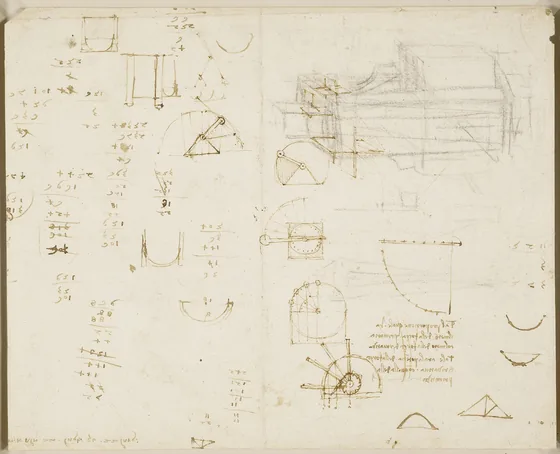 Recto: Sketches for the Last Supper, and other studies. Verso: Calculations with architectural, engineering, and geometric sketches