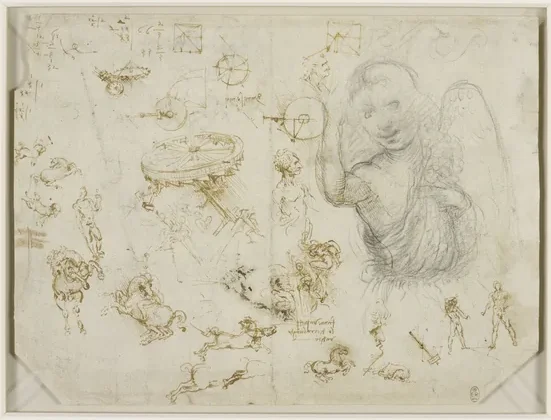 Feuille de croquis d'un ange et études diverses de machines, de chevaux et de cavaliers