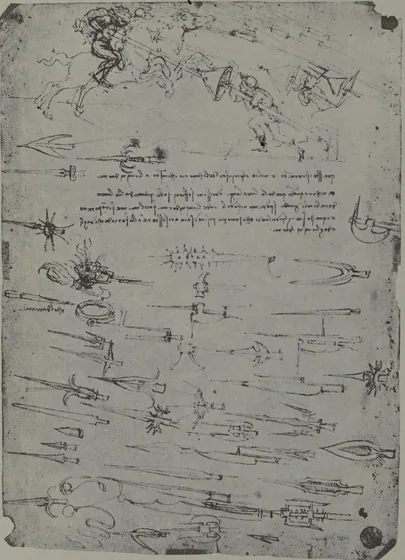 Feuille d'études de fantassins et de cavaliers au combat, et de hallebardes
