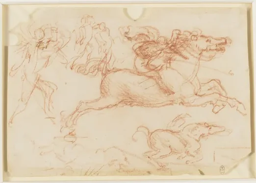 Croquis de cavaliers au galop et de fantassins