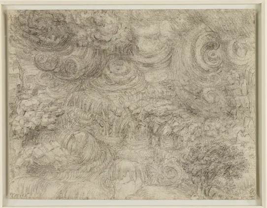 Nuages d'orage, tourbillons et torrents d'eau sur un paysage rocheux