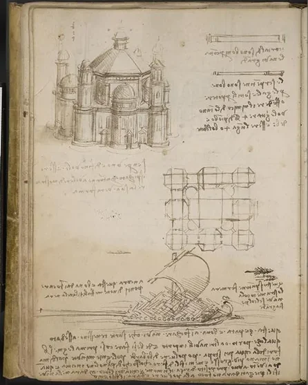 Études pour un édifice à plan centré et croquis d'un navire