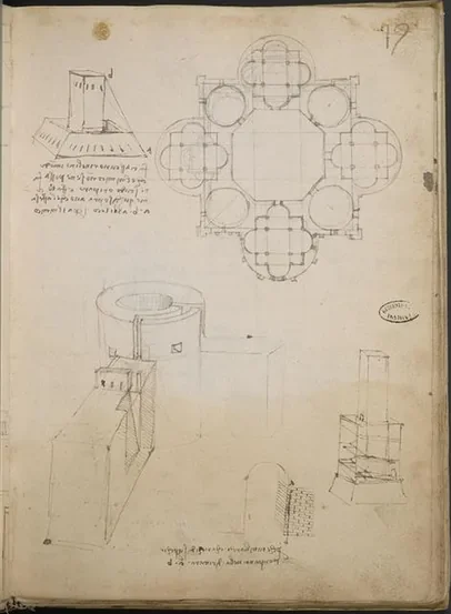 Études pour un édifice à plan centré et croquis d'une forteresse