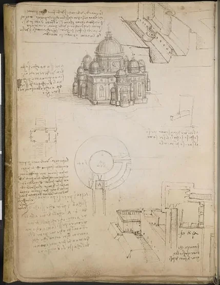 Études pour un édifice à plan centré et croquis d'une forteresse