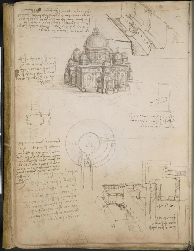 Studies for a Building on a Centralized Plan and Sketches of a Fortress, Leonardo da Vinci