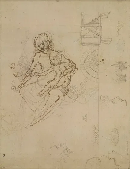 Studies for a Virgin and Child and of Heads in Profile and of Machines