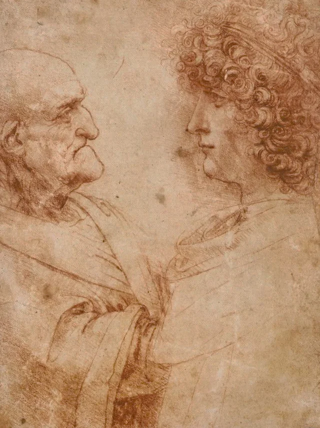 Estudios de un anciano y de un joven (¿Salai?) de perfil, frente a frente, Leonardo da Vinci