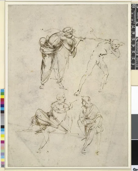 Study of a Man blowing a Trumpet in another's ear, and Two Figures in Conversation