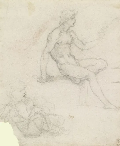 Étude d'un nu masculin assis et croquis d'un enfant tenant un agneau dans ses bras