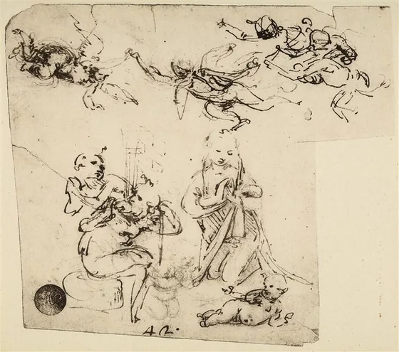 Étude de la Vierge adorant l'Enfant et d'autres figures (Joseph ?, berger et anges)