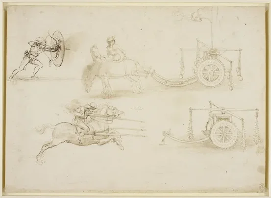 Étude avec un char de combat, un soldat au bouclier et un cavalier à trois lances