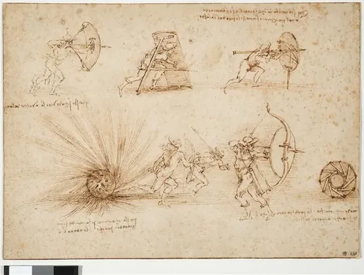 Étude de boucliers pour fantassins et d'une bombe qui explose