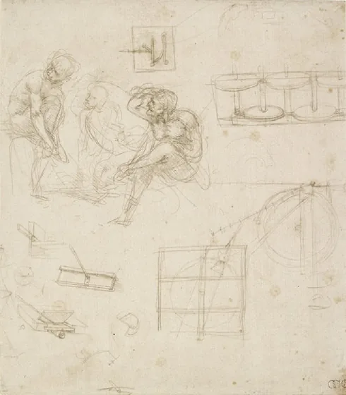 Trois personnages assis et études de machines
