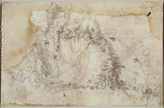 Carte topographique de la région au nord-ouest de Florence montrant les vallées de Lucques, Pistoia et Prato au nord et la vallée de l'Arno au sud