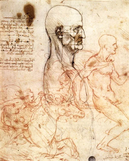 Torso of a Man in Profile, the Head Squared for Proportion, and Sketches of Two Horsemen