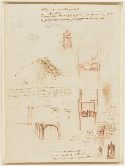 Études architecturales diverses et dessin anatomique d'une aile d'oiseau