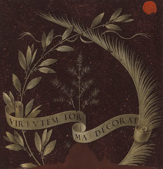 Couronne de laurier, de palme et de genévrier avec un phylactère portant l'inscription Virtutem Forma Decorat [revers]
