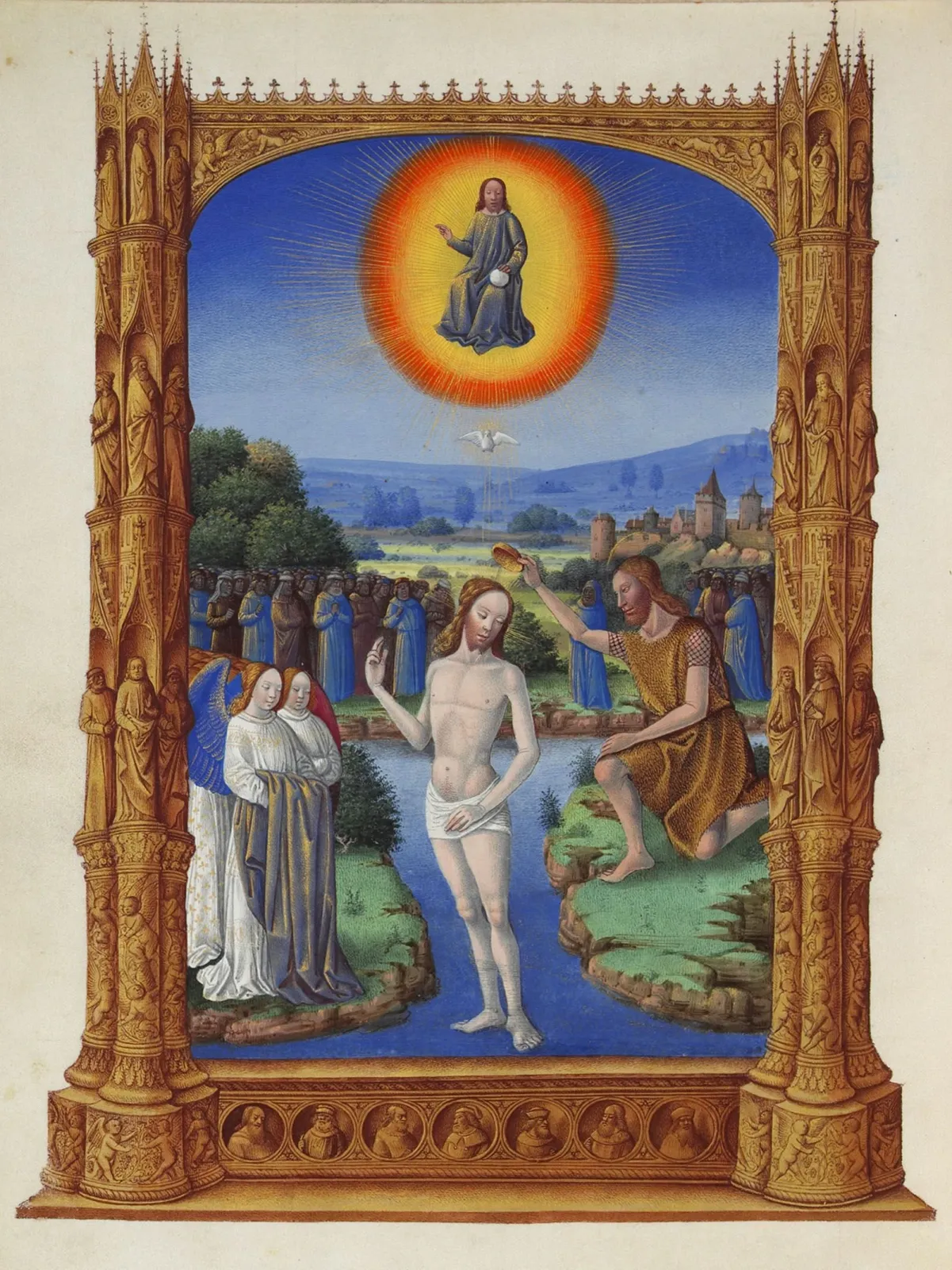 Le Baptème du Christ, illustration de l'office du dimanche, Très Riches Heures du duc de Berry