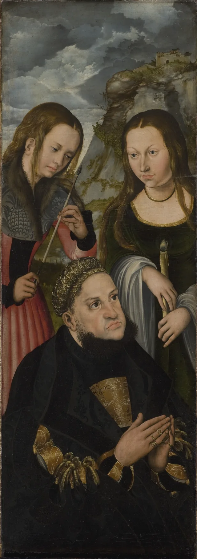 L'électeur Frédéric le Sage de Saxe avec sainte Ursule (à gauche) et sainte Geneviève (à droite)