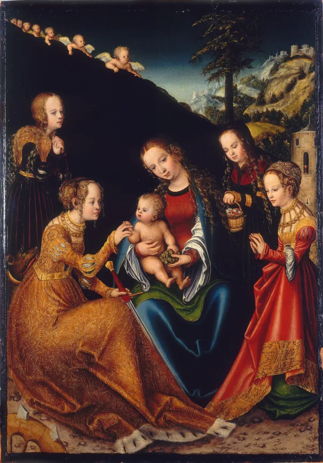 El matrimonio místico de santa Catalina de Alejandría con santa Dorotea, santa Margarita y santa Bárbara, Lucas Cranach el Viejo