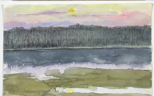 風景習作、狭い水路、奥に森、夕べの光
