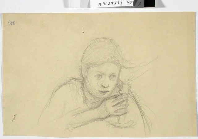 男の肖像の下絵、裏に蠟燭を持つ少女