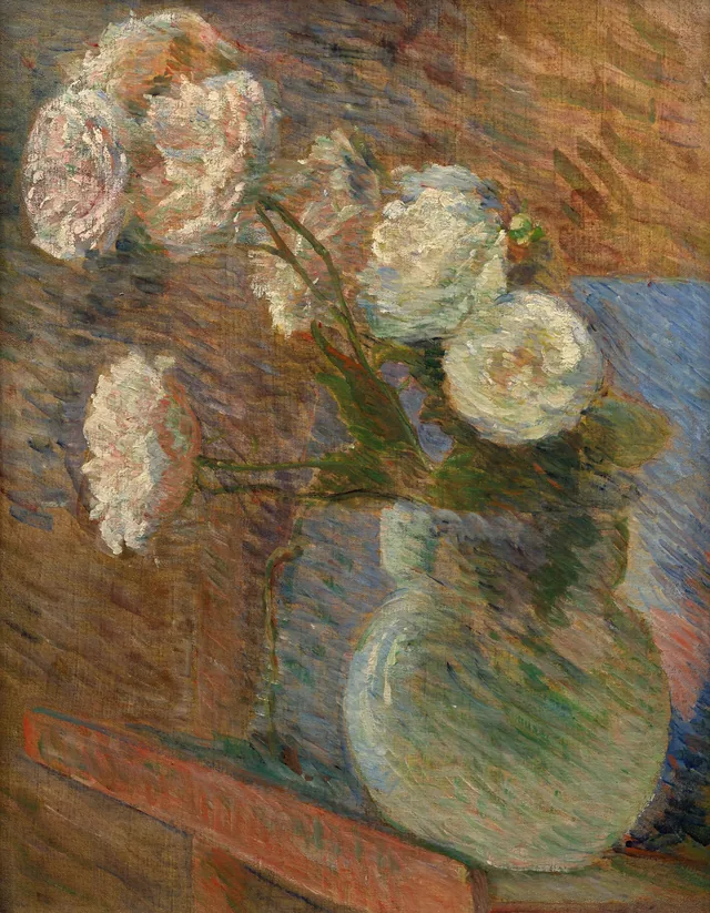 Ramo de rosas blancas en un jarrón sobre un caballete, Marie Bracquemond