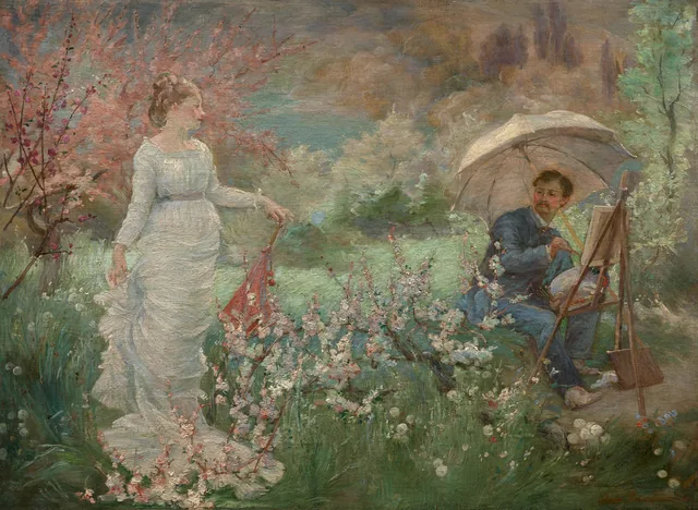 El pintor y su modelo en un jardín florido, Marie Bracquemond