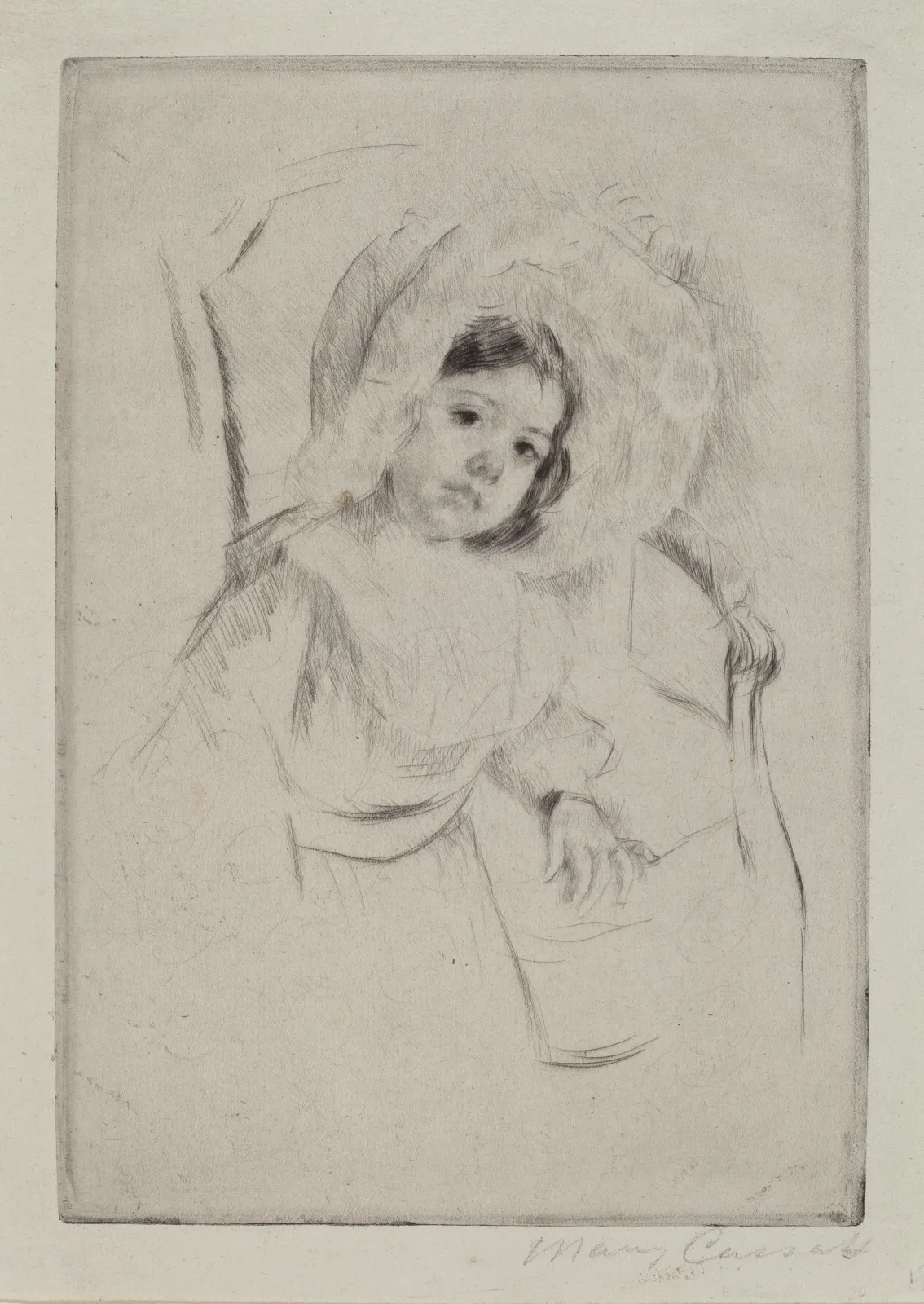 Margot in a Floppy Bonnet Leaning against a Chair, Mary Cassatt